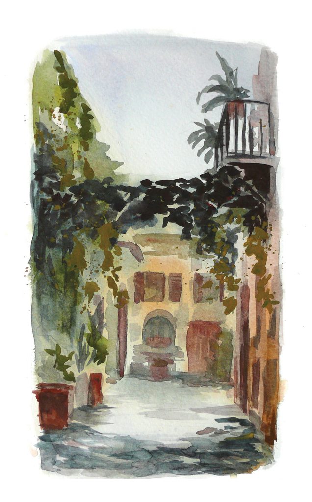 watercolor painting of a street in Trastevere