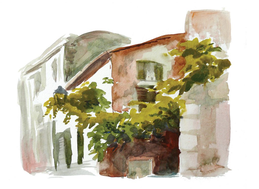 watercolor painting of some foliage in Trastevere