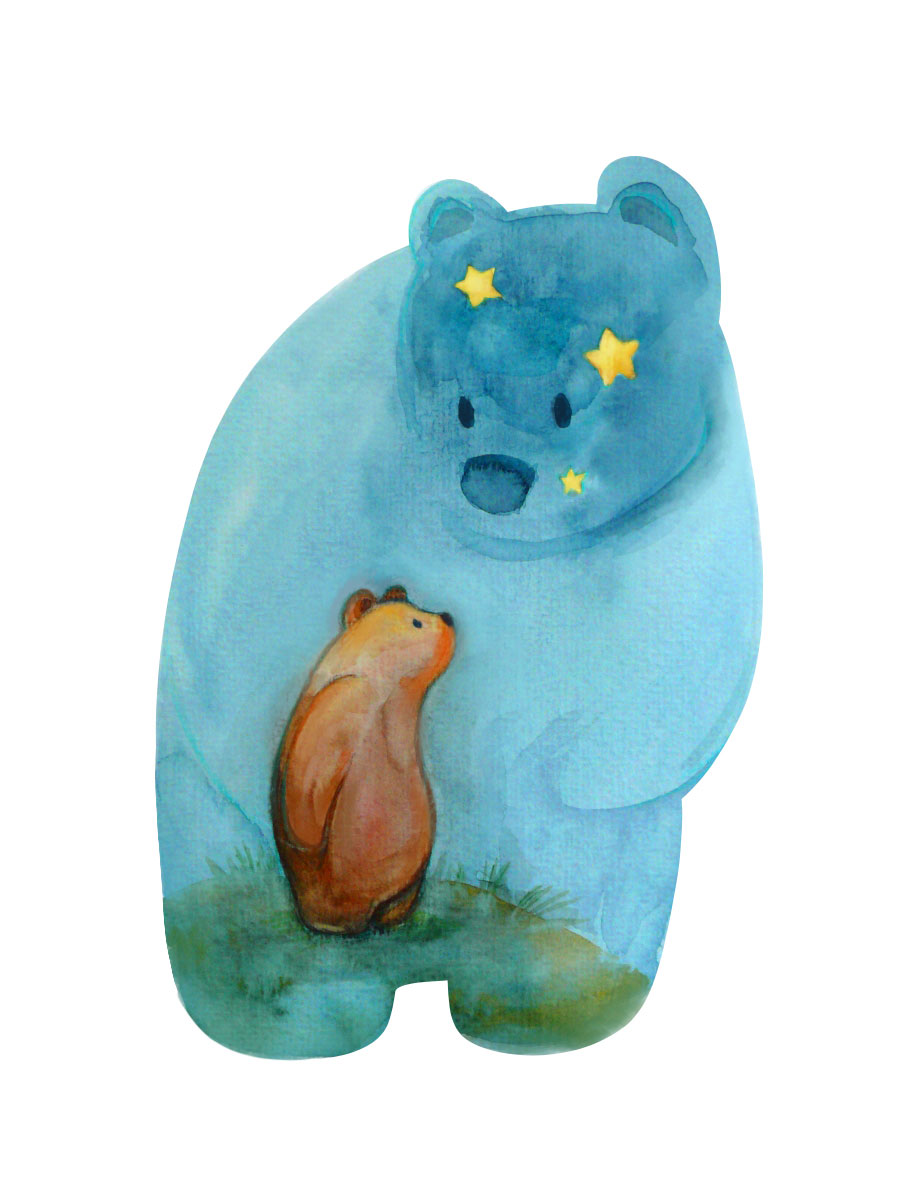 watercolor illustration of a bear cub looking up at the stary sky