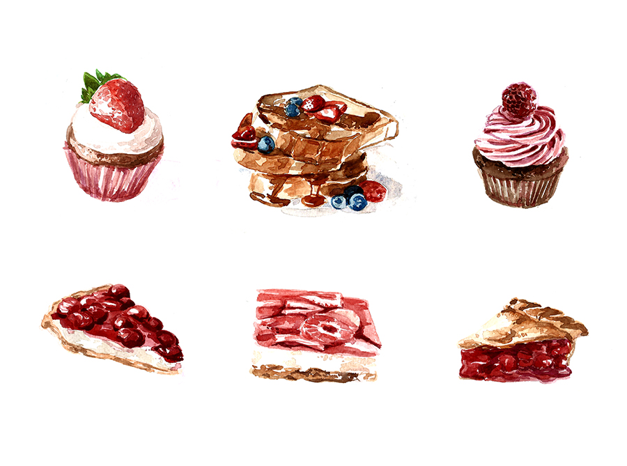 Watercolor illustration of desserts