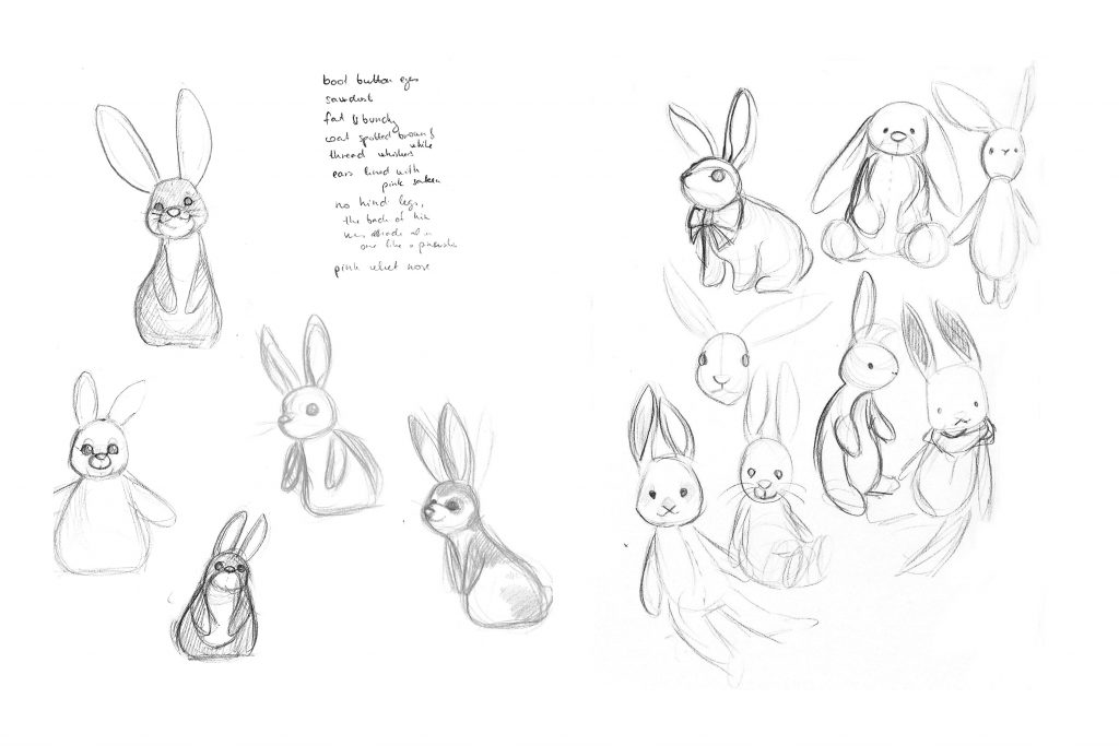 Various pencil sketches for the bunnyi toy character 